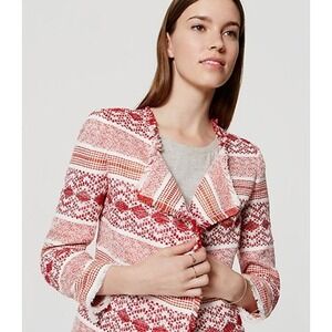 LOFT Ann Taylor Fiesta Woven Blazer 6P Red Orange Fringe Trim Open Jacket Petite